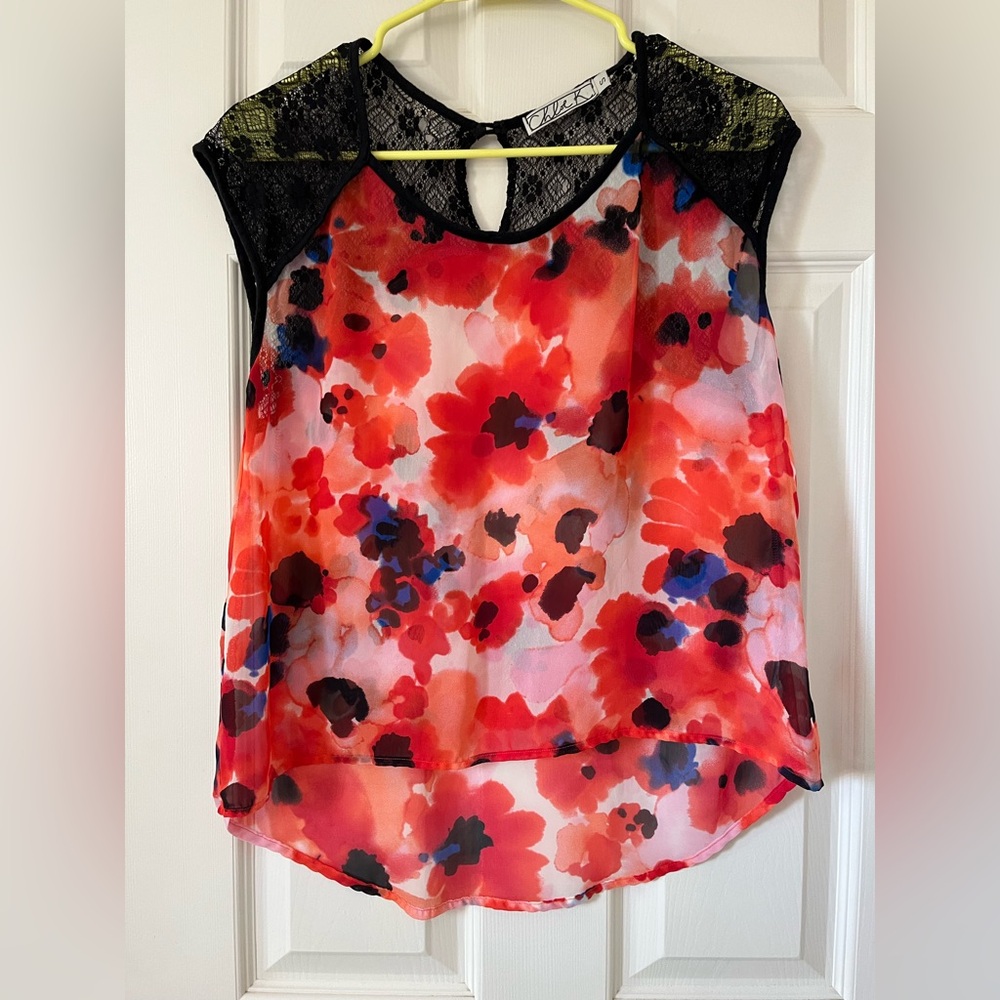 chloe k women’s sleeveless high low red floral and black blouse
